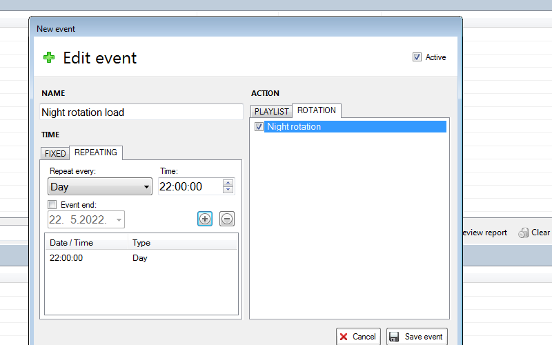 Loading rotation can also be scheduled (different types of music)