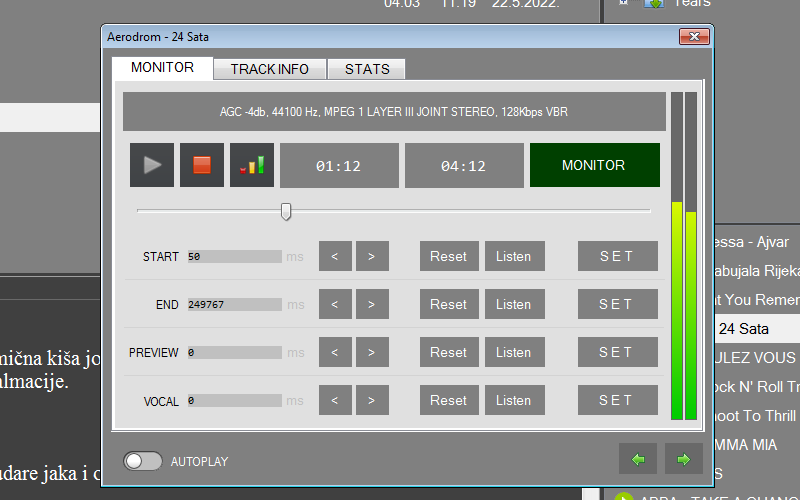 Form monitor for listening and editing mix points