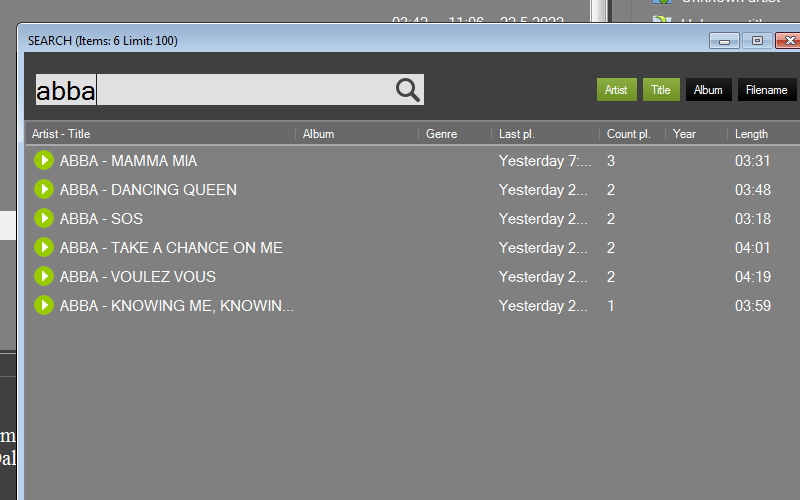 Search for tracks in different fields, just start typing ...